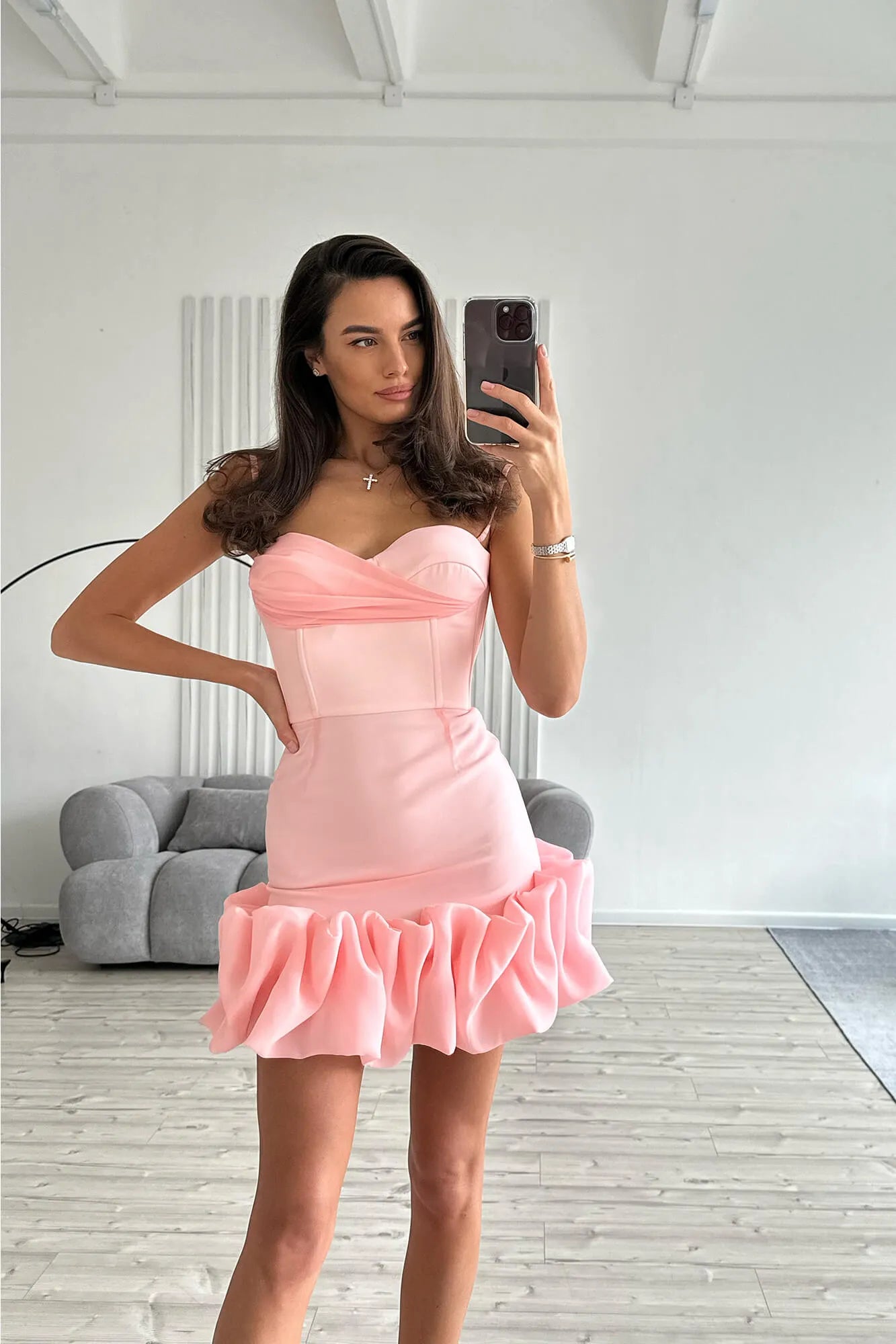 Karolina Coral Ruffle Corset Dress