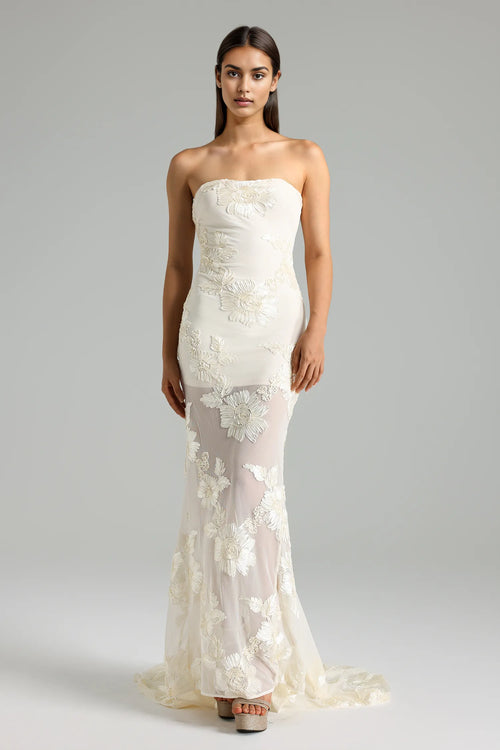 Alberty Floral-Appliqué Mesh Gown