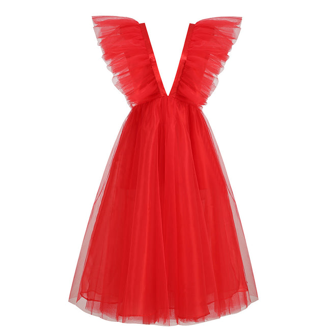 FEATHER V-NECK NET MIDI DRESS IN RED