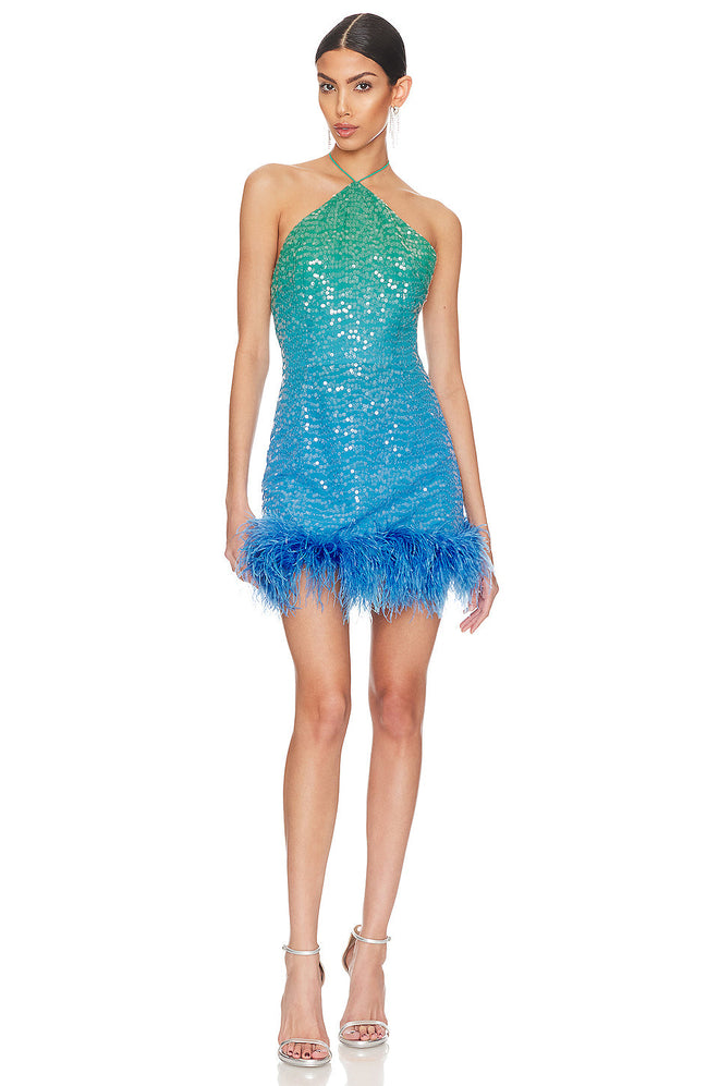 Jewel Sequin Ombré Halter Feather-Hem Mini Dress