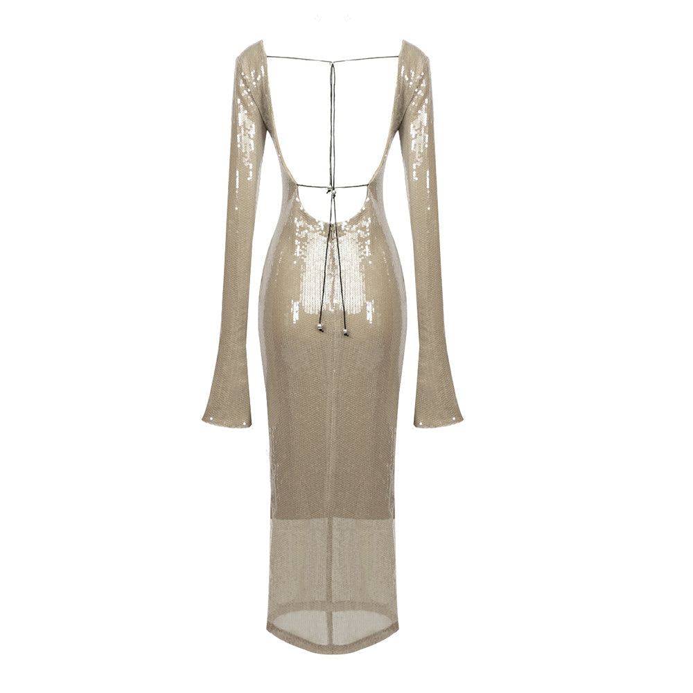 Solaria Long Sleeve Smoke Sequin Backless Maxi Dress