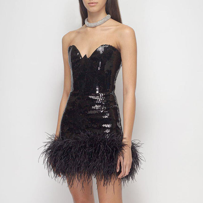 Black Swan Sequin Feather Mini Dress