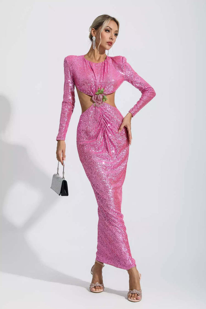 Sequin Cutout Backless Maxi Dress Pink