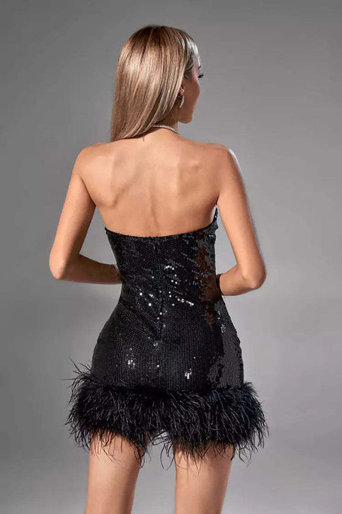 Black Swan Sequin Feather Mini Dress