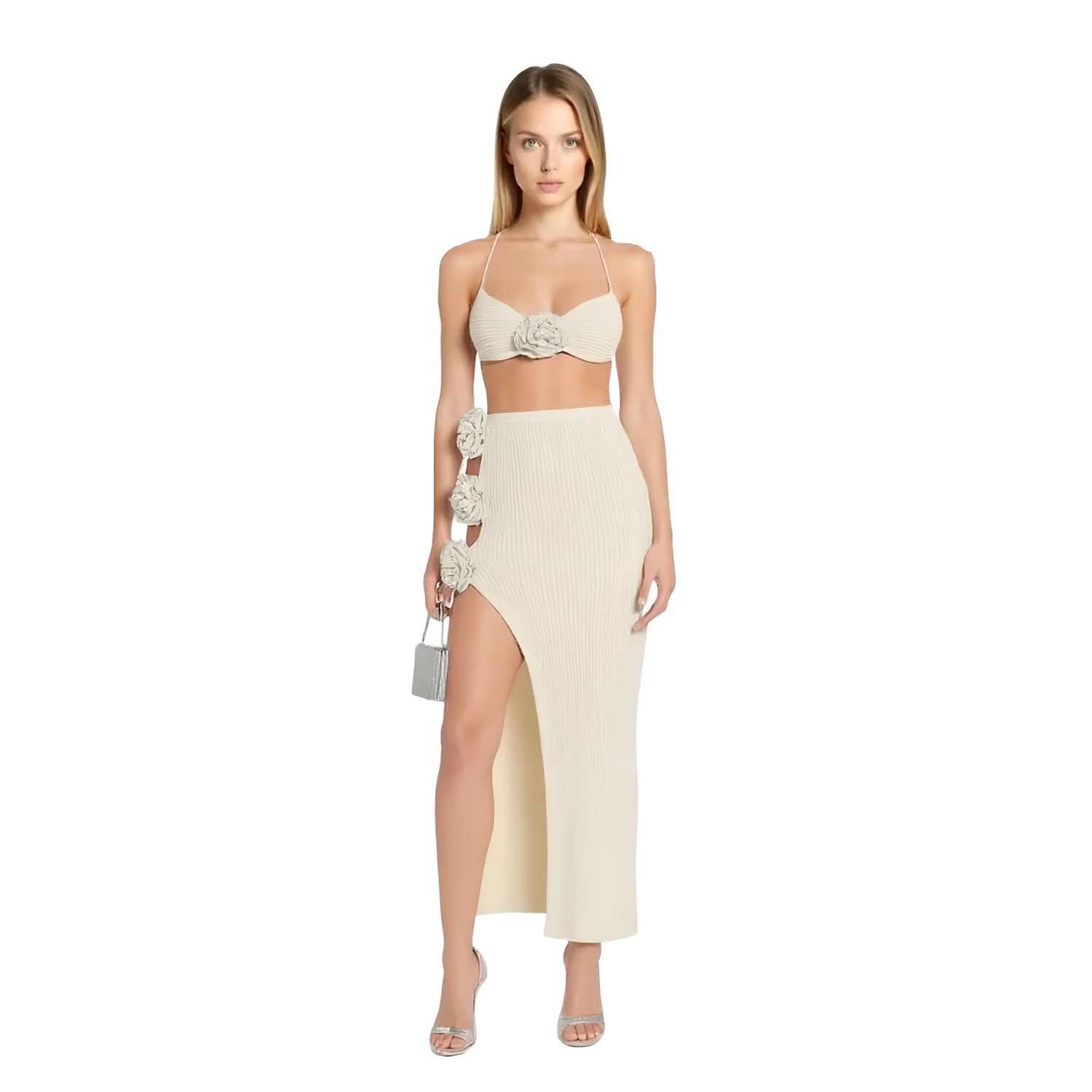 Floral-appliqué knit two piece set