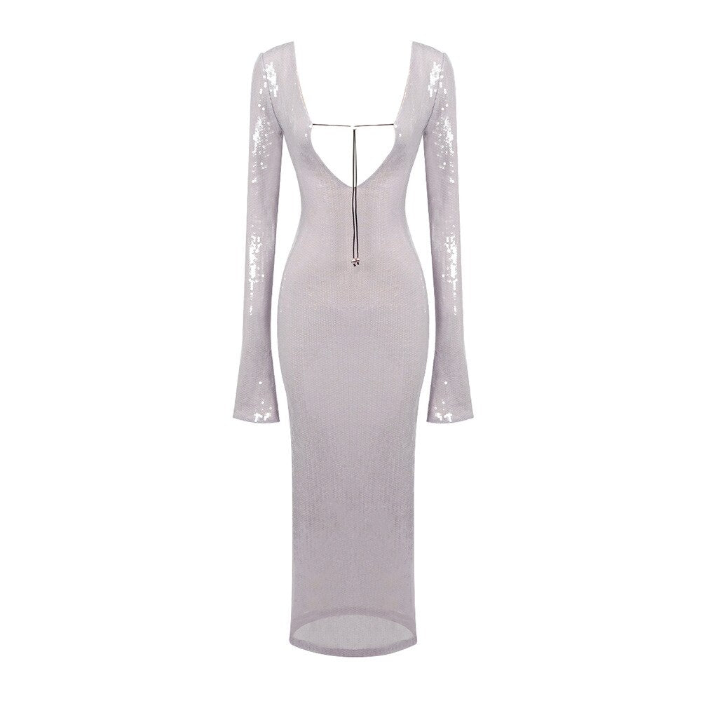 Solaria Long Sleeve Ice Lavender Sequin Backless Maxi Dress