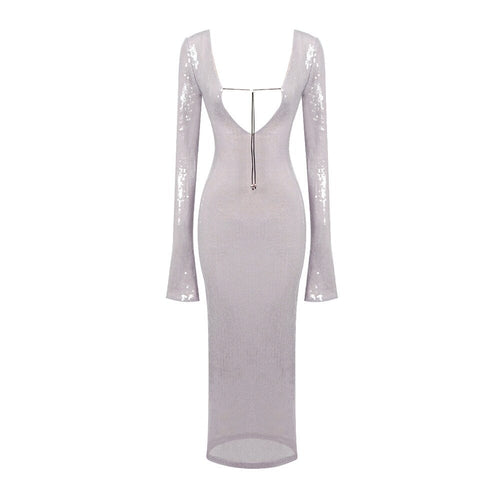 Solaria Long Sleeve Ice Lavender Sequin Backless Maxi Dress