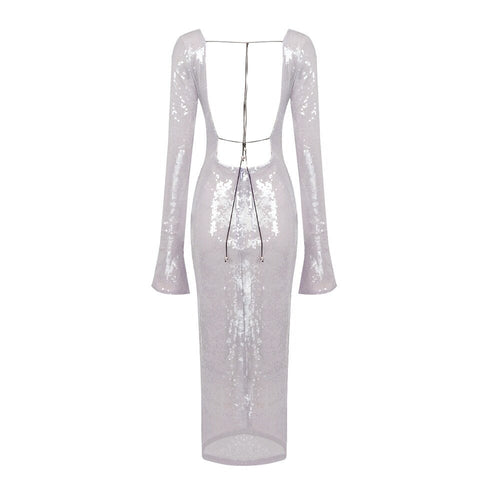 Solaria Long Sleeve Ice Lavender Sequin Backless Maxi Dress