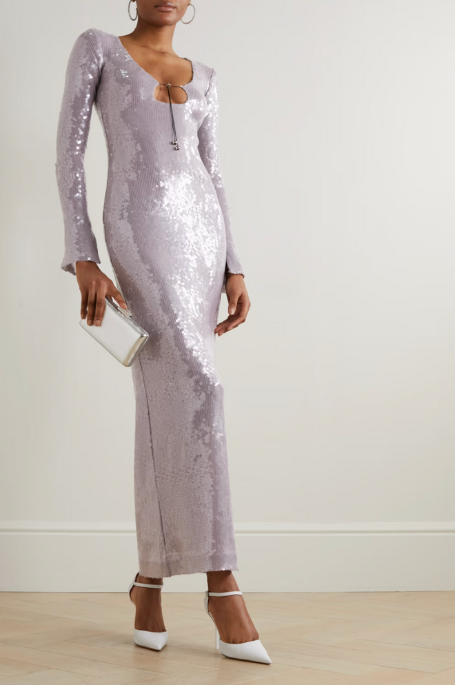 Solaria Long Sleeve Ice Lavender Sequin Backless Maxi Dress