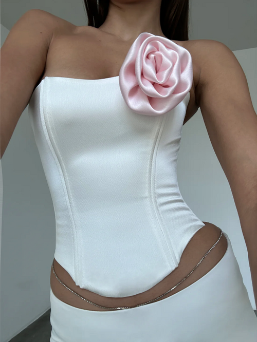 Rosette Pink Corset Lace-up Waist Slimming Women's Silk Top