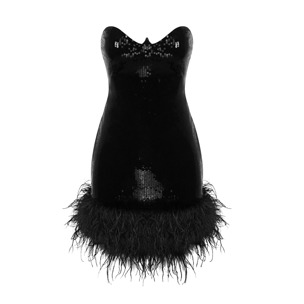 Black Swan Sequin Feather Mini Dress