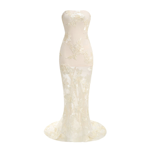 Alberty Floral-Appliqué Mesh Gown