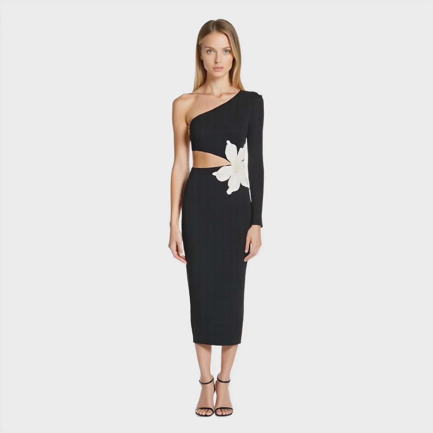 Jolie Cutout One-Shoulder Floral Appliqué Midi Dress