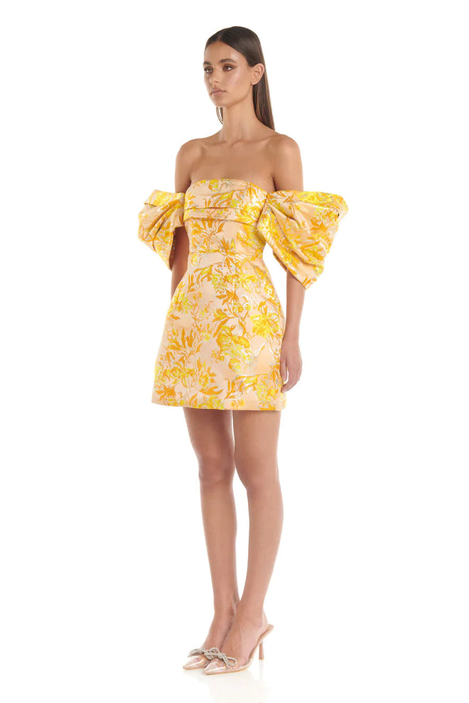 Jacquard Off Shoulder Dress - Yellow