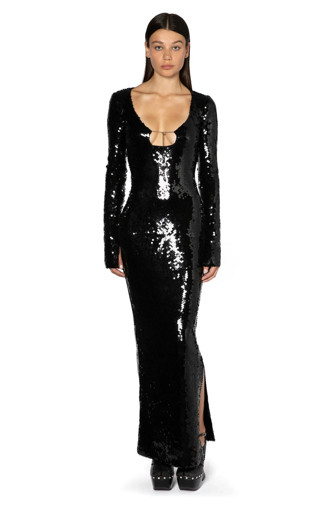 Solaria Long Sleeve Hailey Bieber Dress In Black Sequin - Twin Archives