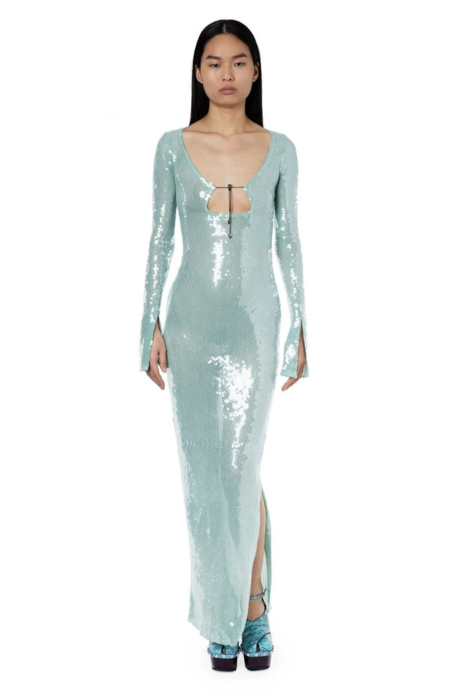 Solaria Long Sleeve Hailey Bieber Evening Dress In Ice Sequin - Twin Archives