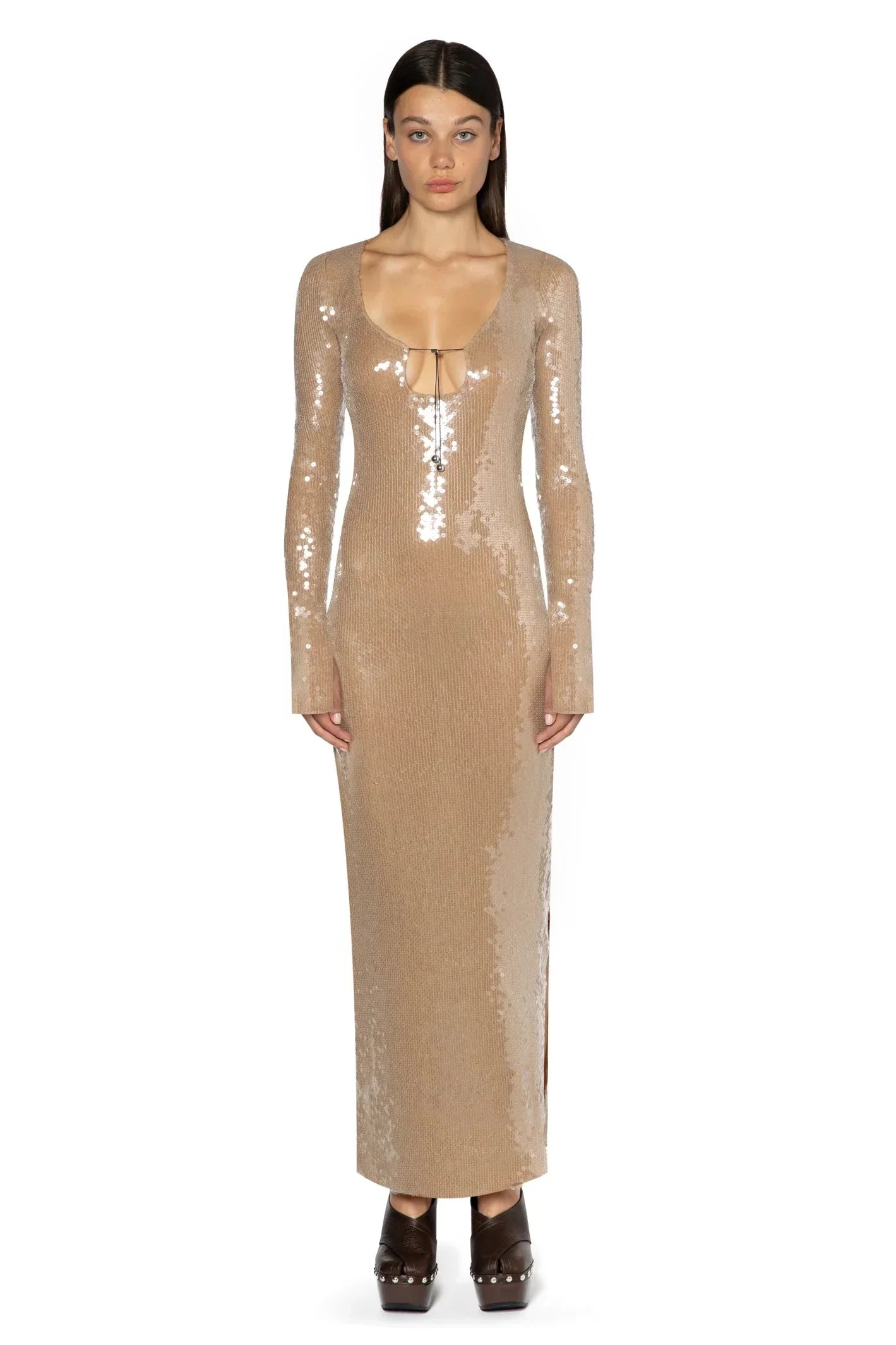 Solaria Long Sleeve Hailey Bieber Inspired Evening Dress In Smoke Sequin - Twin Archives