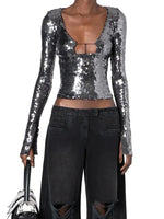 Solaria Long Sleeve Top In Anthracite Sequin - Twin Archives