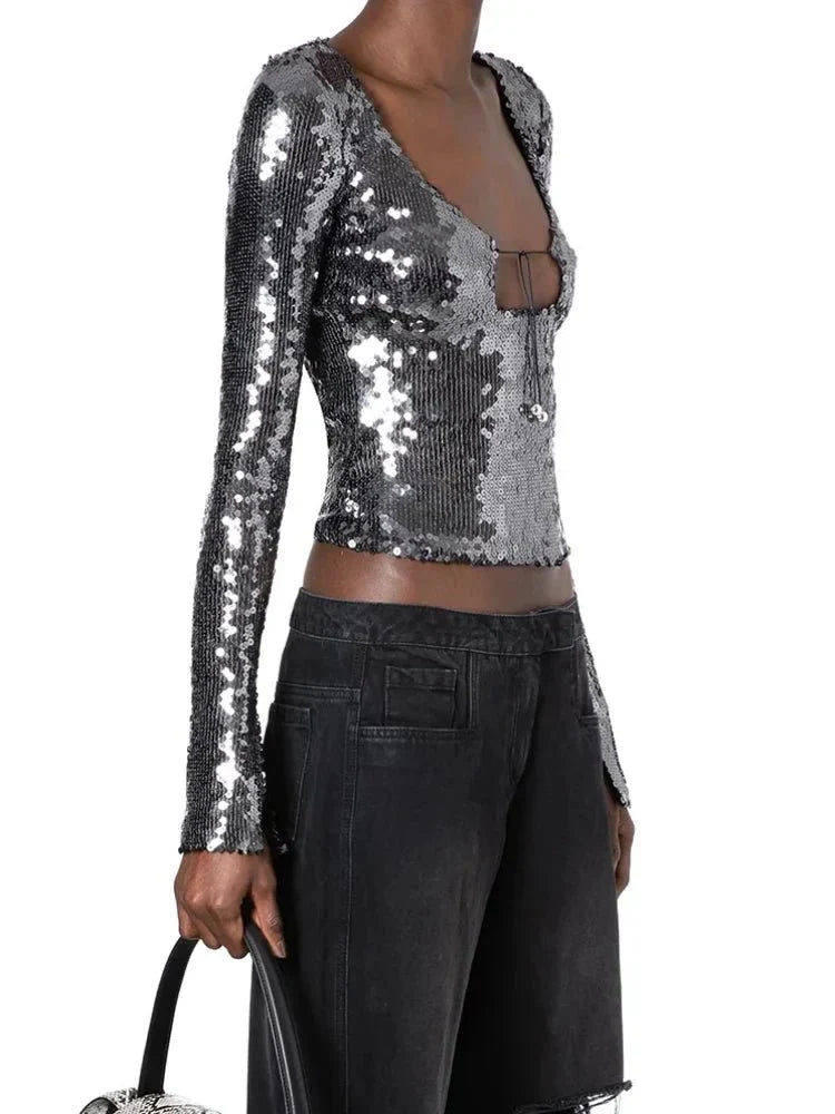 Solaria Long Sleeve Top In Anthracite Sequin - Twin Archives