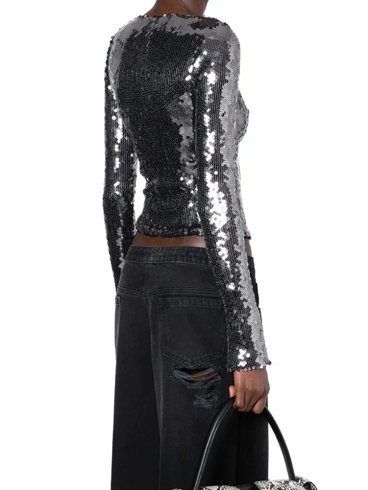 Solaria Long Sleeve Top In Anthracite Sequin - Twin Archives