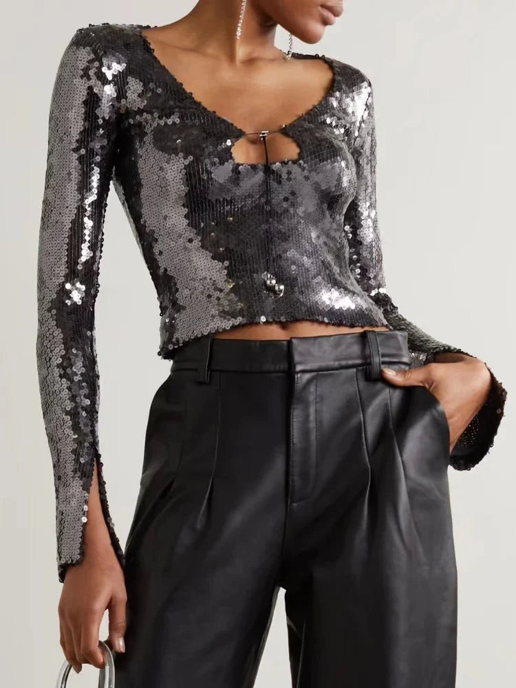 Solaria Long Sleeve Top In Anthracite Sequin - Twin Archives